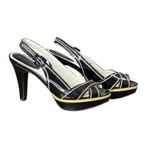 Studio Paolo Black White Patent Leather Platform Slingback Heels Women Size 9M